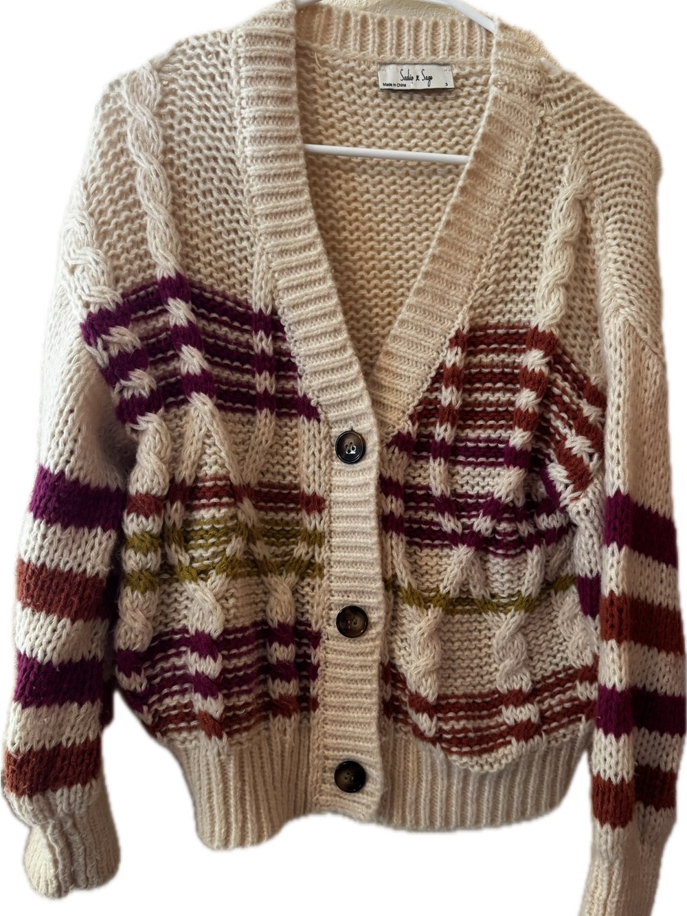 Sadie & Sage Cream Cable-Knit Stripe Button Cardigan